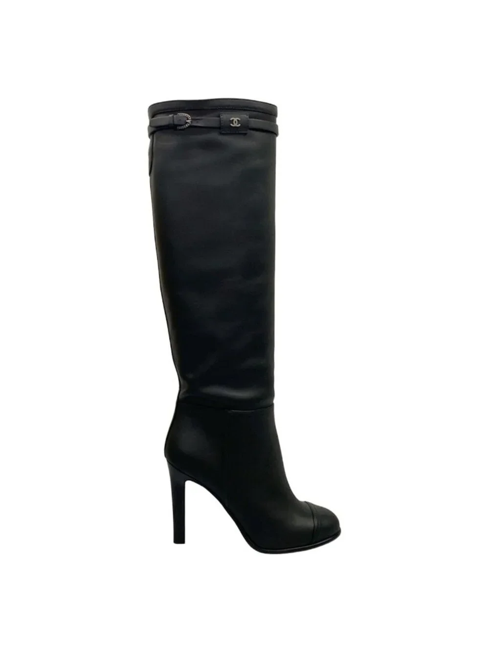 Chanel Long Boots 37.5 C Black CC Logo Leather
